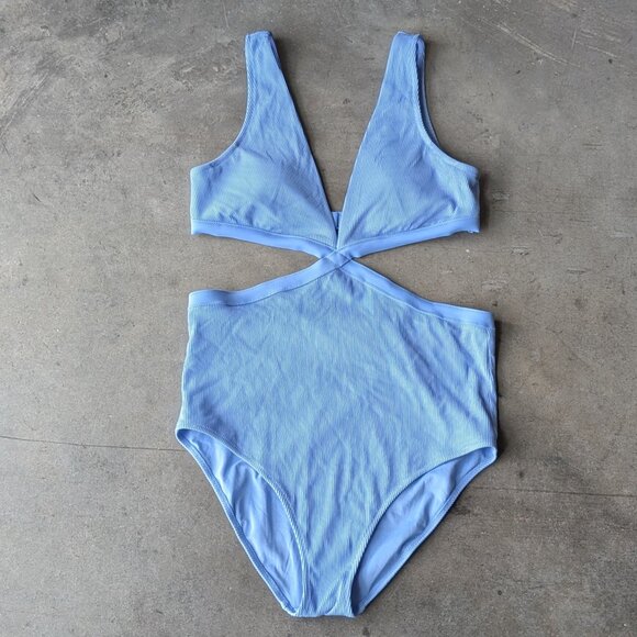 Aerie Ribbed Cut Out One Piece Swimsuit Blue large long NWT - Picture 3 of 10